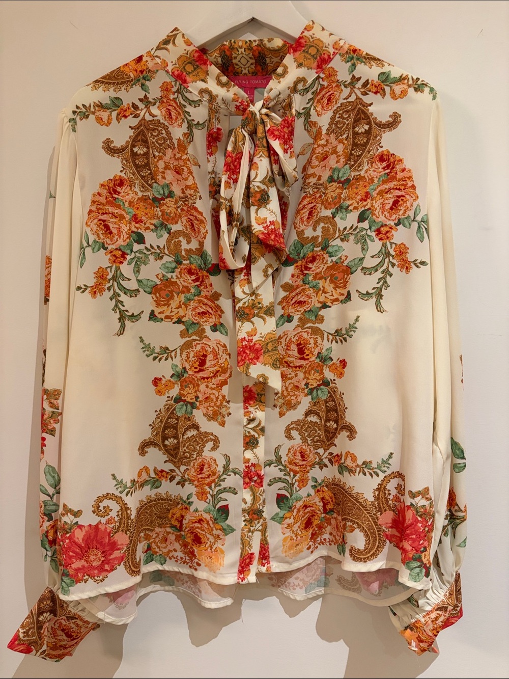 Flying Tomato Cream Blouse with Orange & Green Floral Print